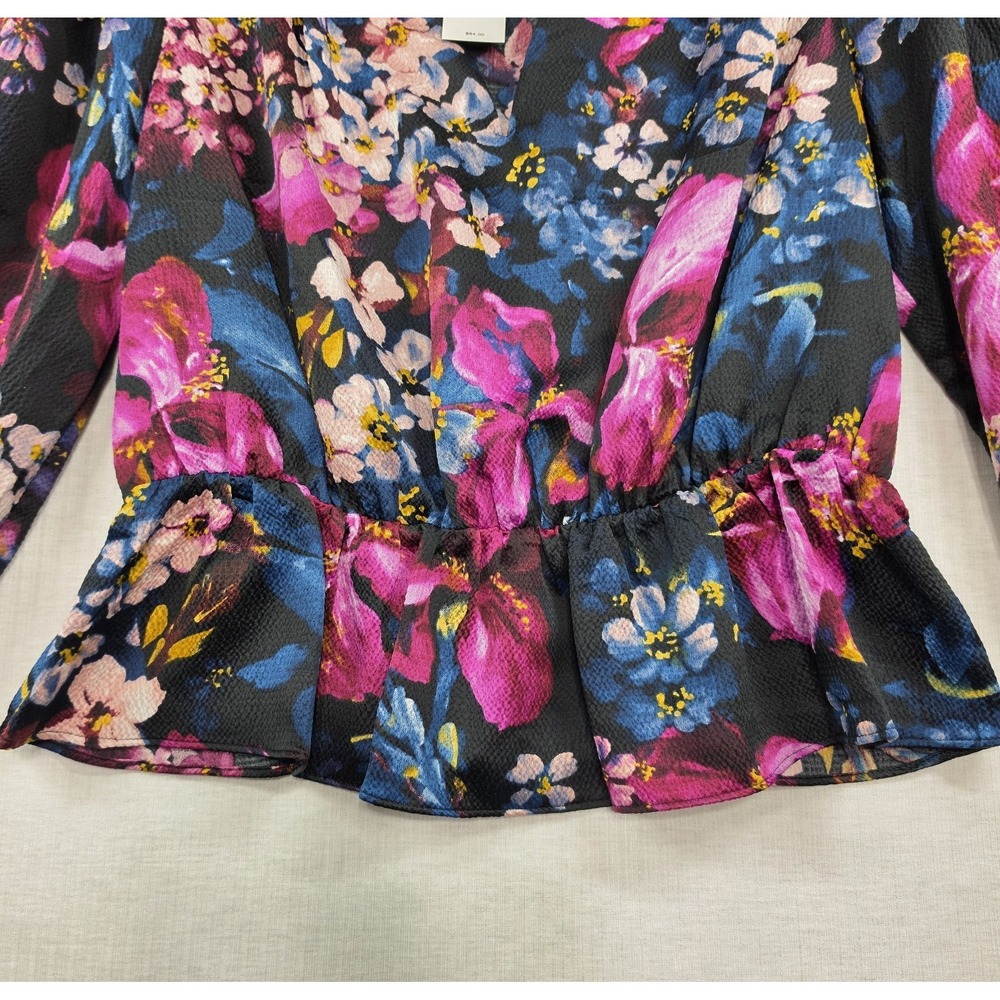 Express Womens Floral Peplum Top S V-Neck Long Sleeve Smocked Boho Romantic NWT - Picture 3 of 11